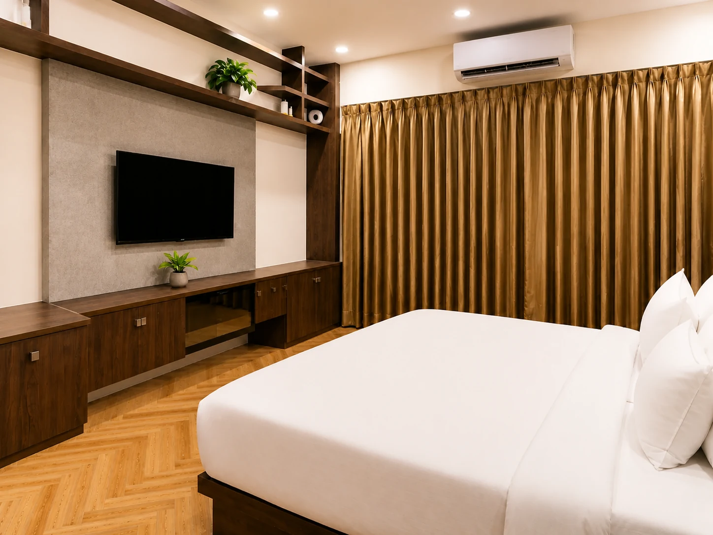 Bedroom and television wall in the 1BHK Premium apartment