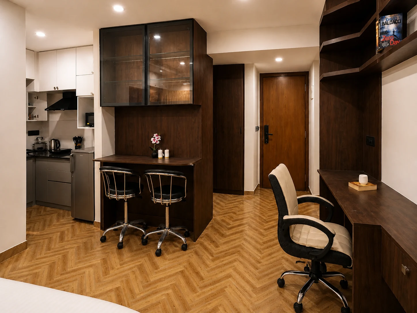 Dining counter and work desk in the LuxStayz 1BHK Premium apartment
