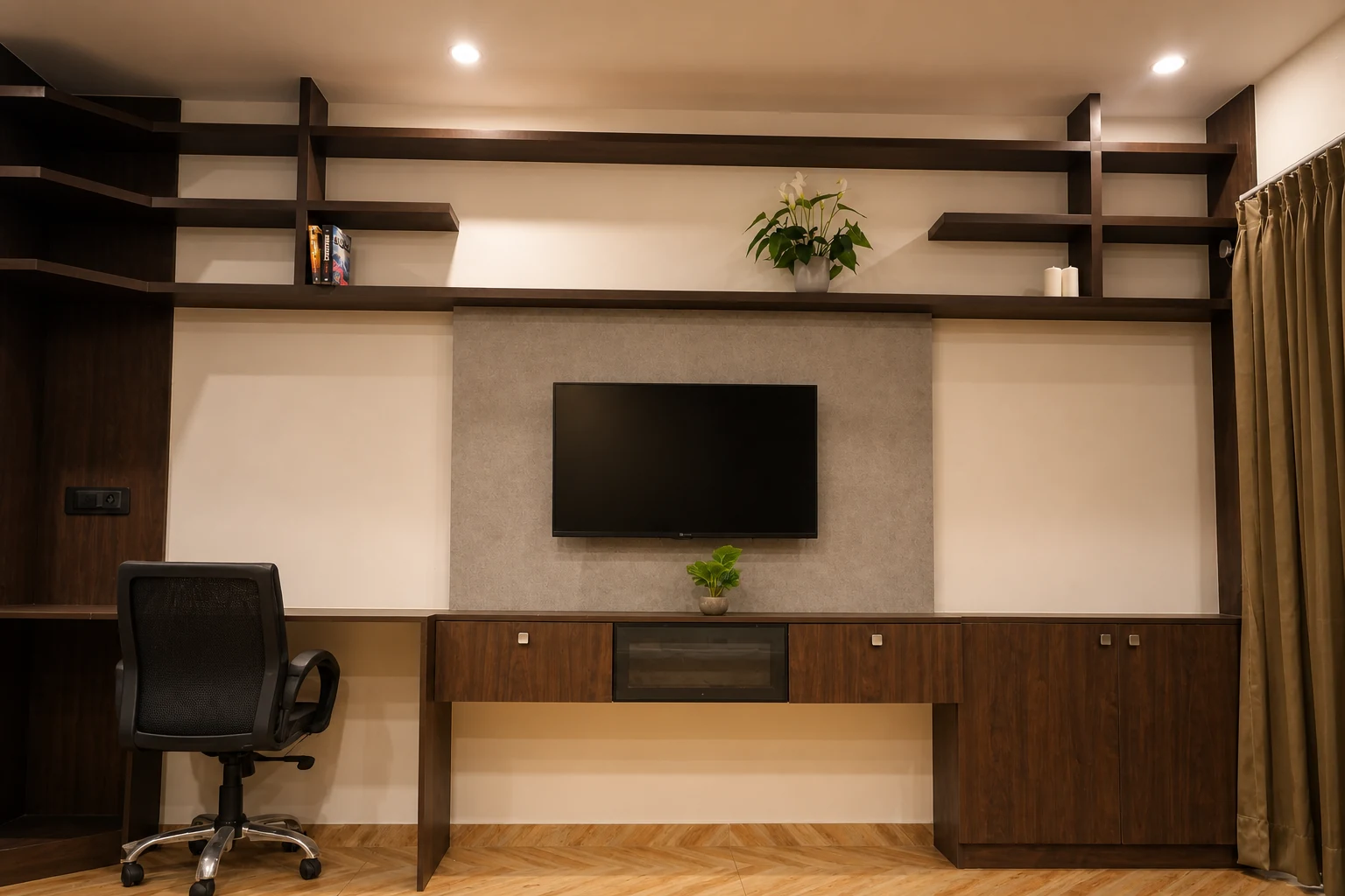 Work desk and television wall in the 1BHK Premium apartment