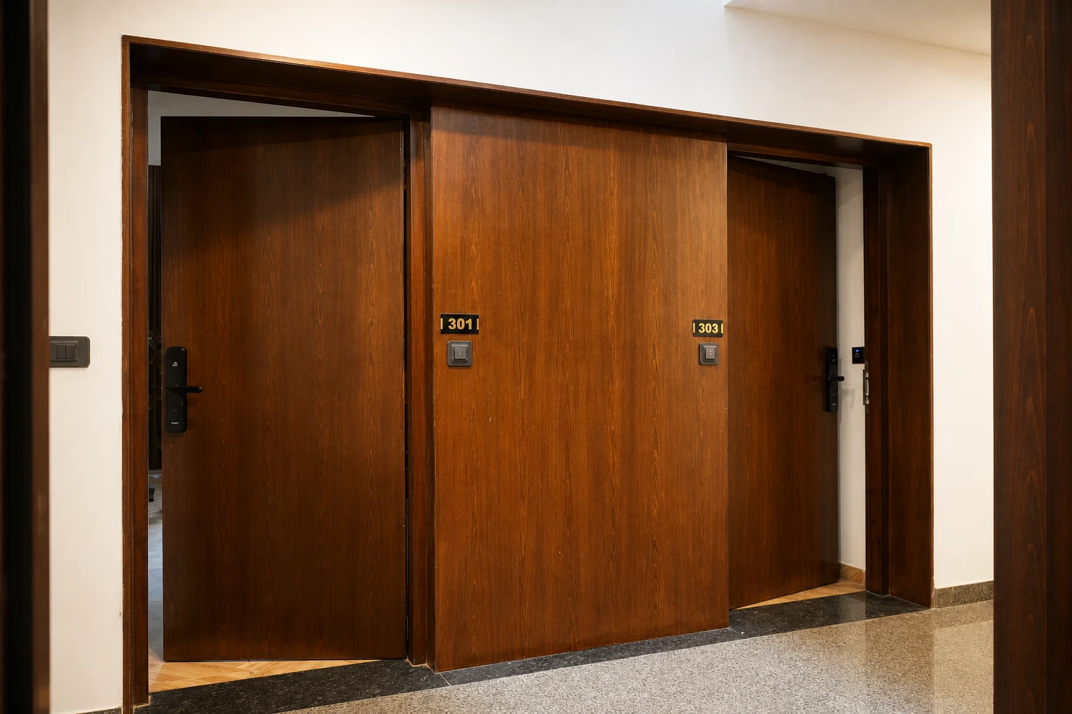 Apartment entrances inside the LuxStayz residence