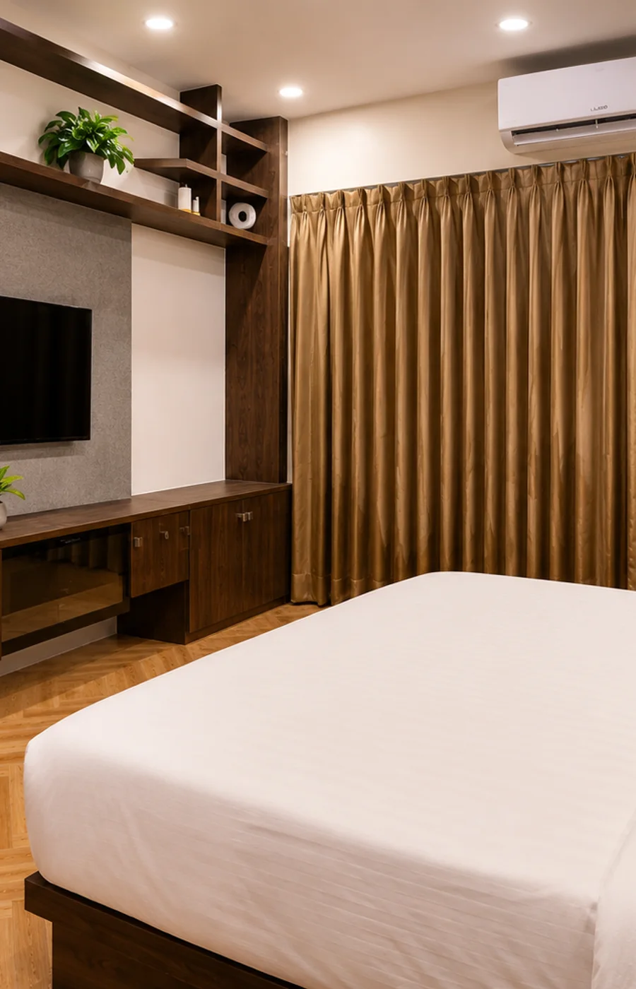 King-size bedroom in a LuxStayz 1BHK Premium apartment